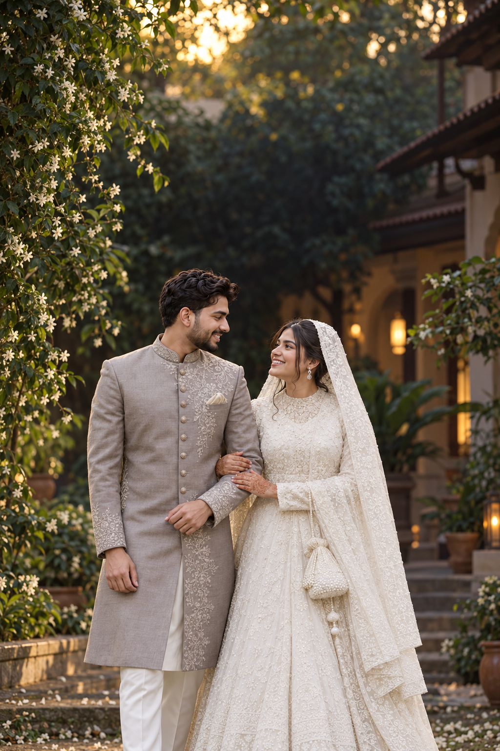 Fictional couple standing together in a jasmine garden