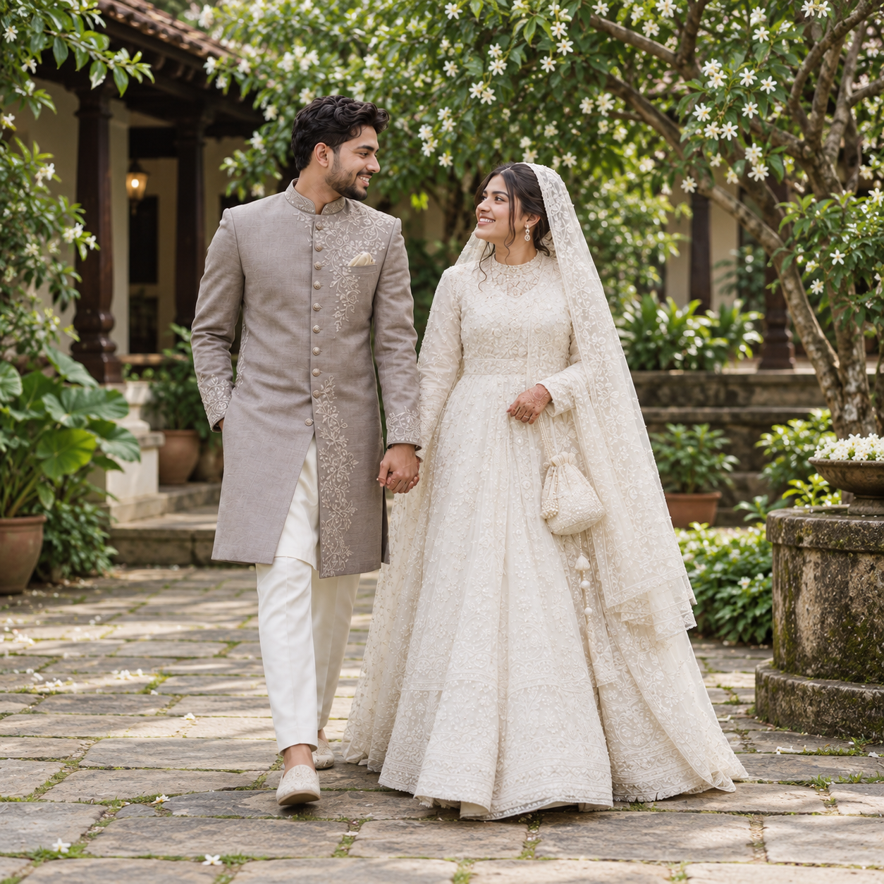 Couple holding hands in a leafy courtyard