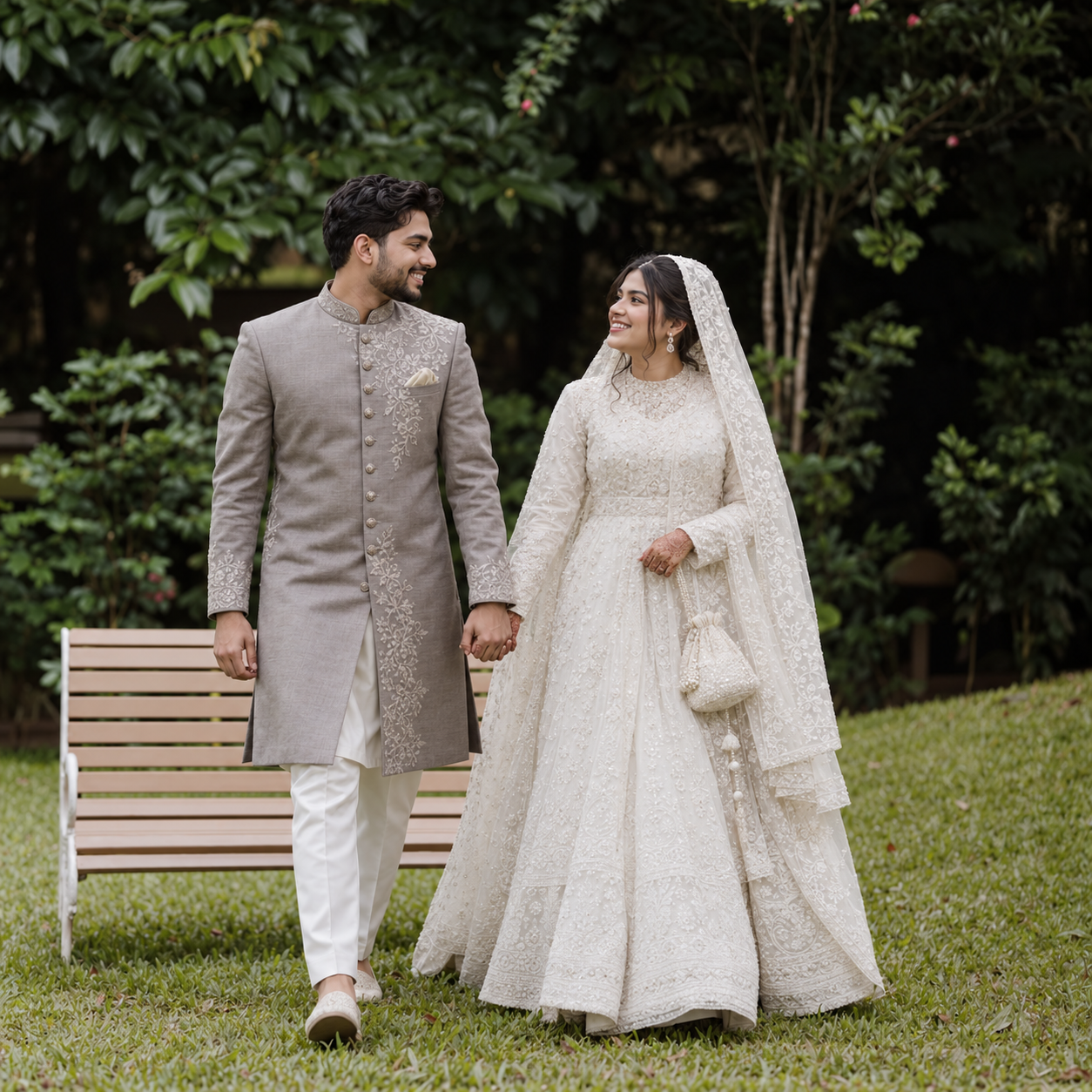 Couple walking together in a garden